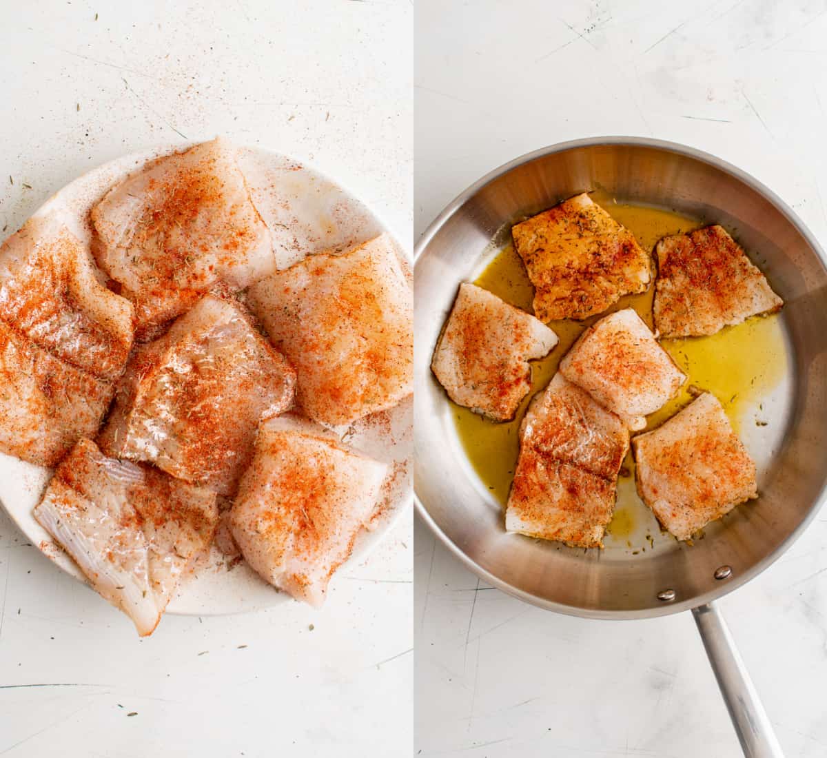 before and after cooking cod in a skillet