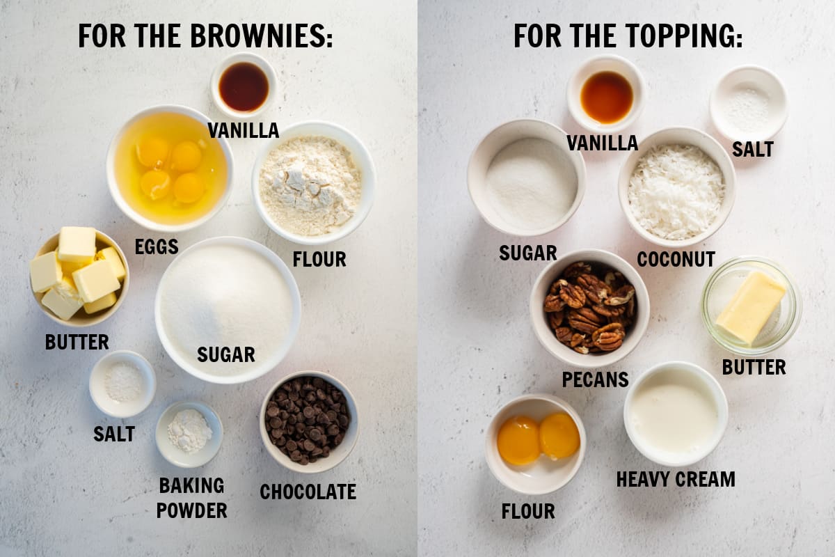 all of the ingredients for brownies on a white countertop
