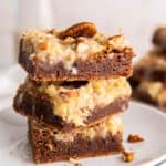a stack of three german chocolate brownies