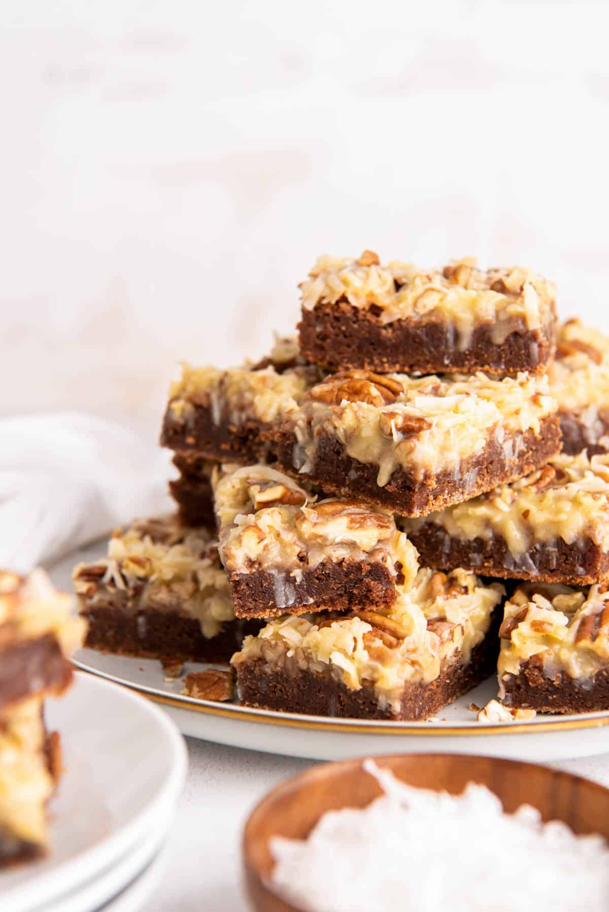 a stack of german chocolate brownies on a plate