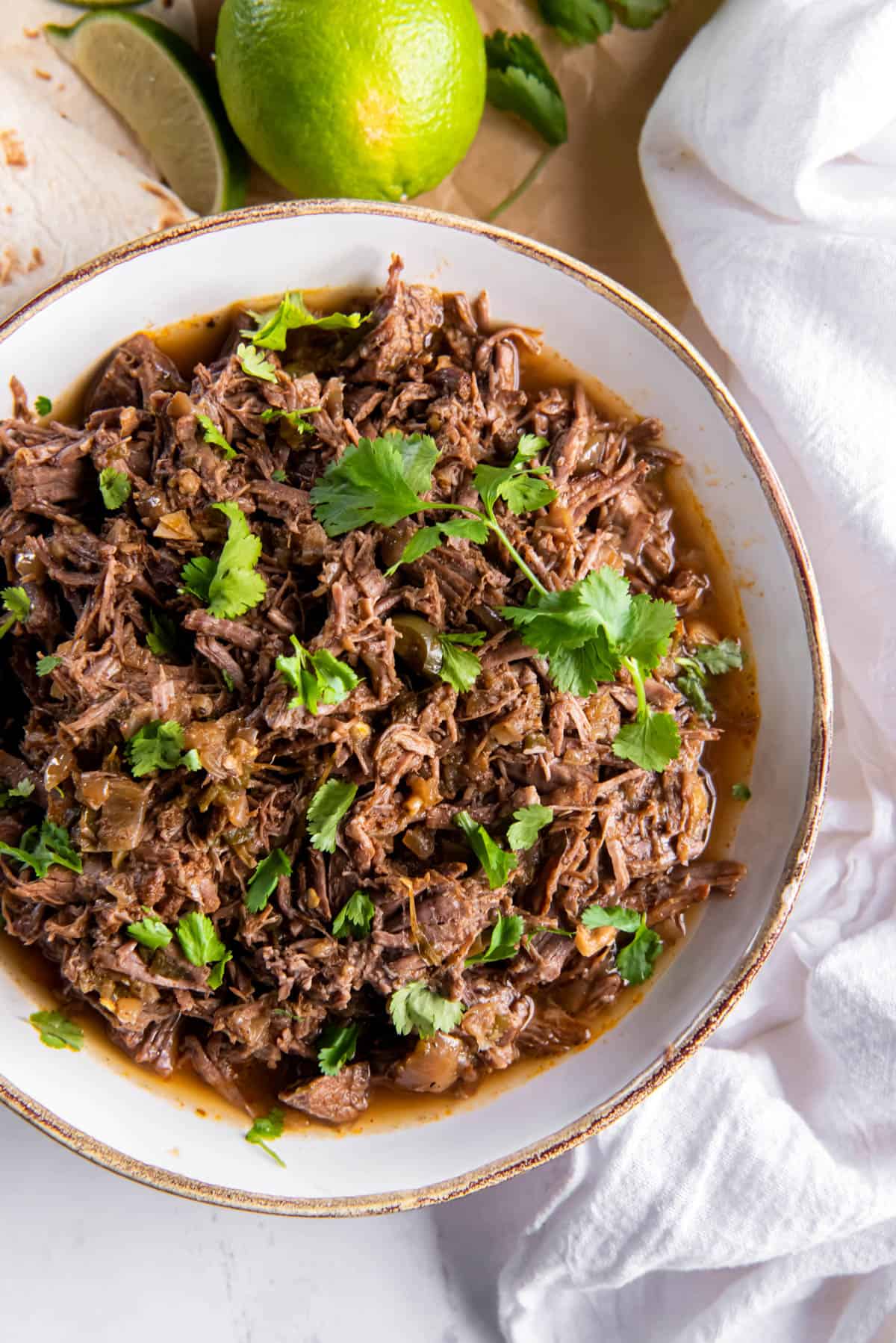 a bowl filled with shredded beef and topped with cilantro