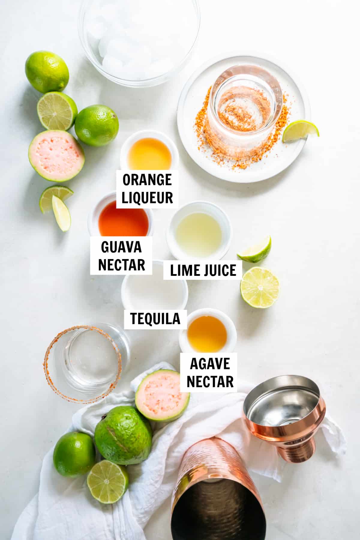 All of the ingredients for guava nectar on a white countertop.