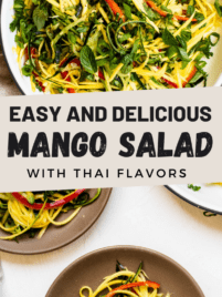 Prepared mango salad on a plate for serving.