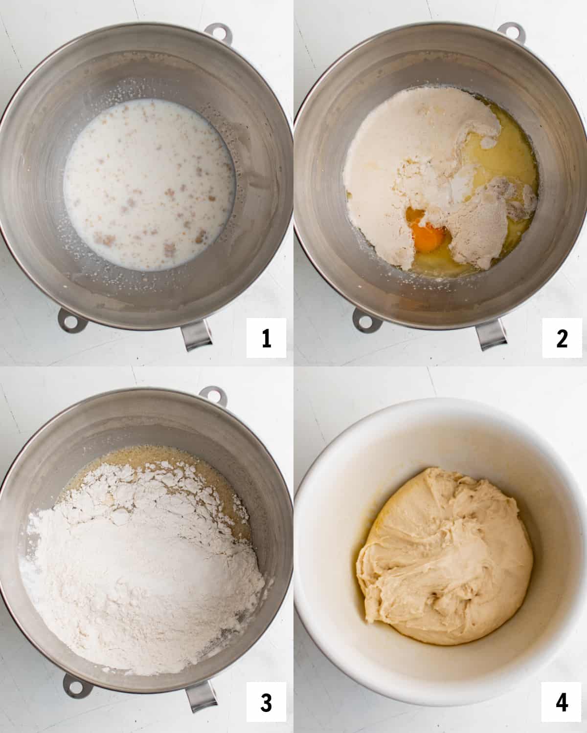 Mixing together the dough for beignets in a metal mixing bowl.