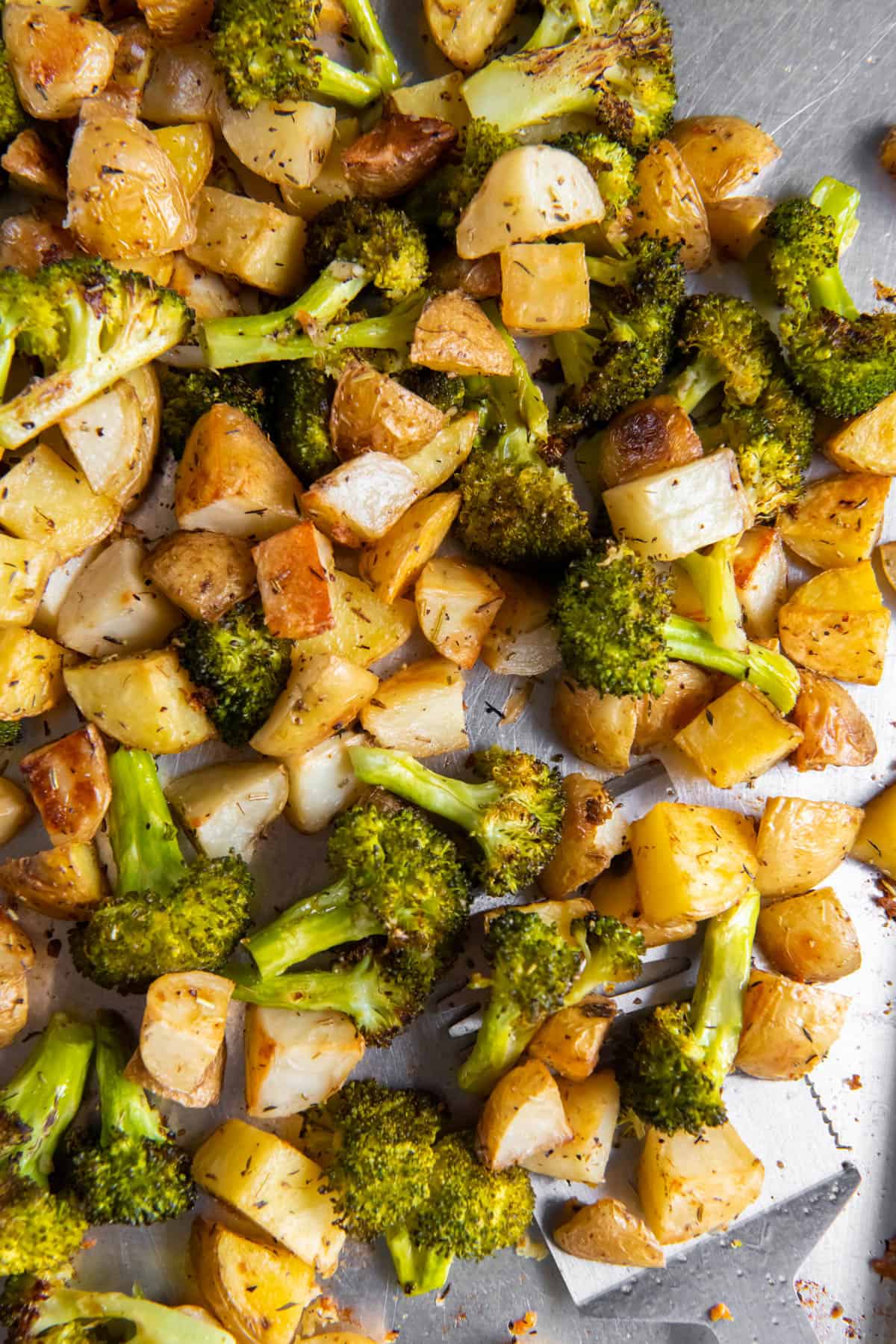 Oven roasted potatoes and broccoli on a sheet pan after baking.