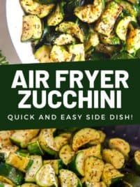 Air fryer zucchini sitting in a white bowl for serving.