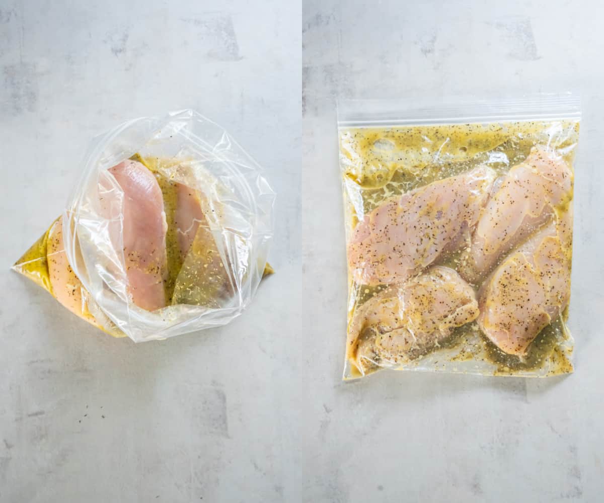 Mixing together ingredients for the lemon pepper marinade in a bag with chicken breasts.