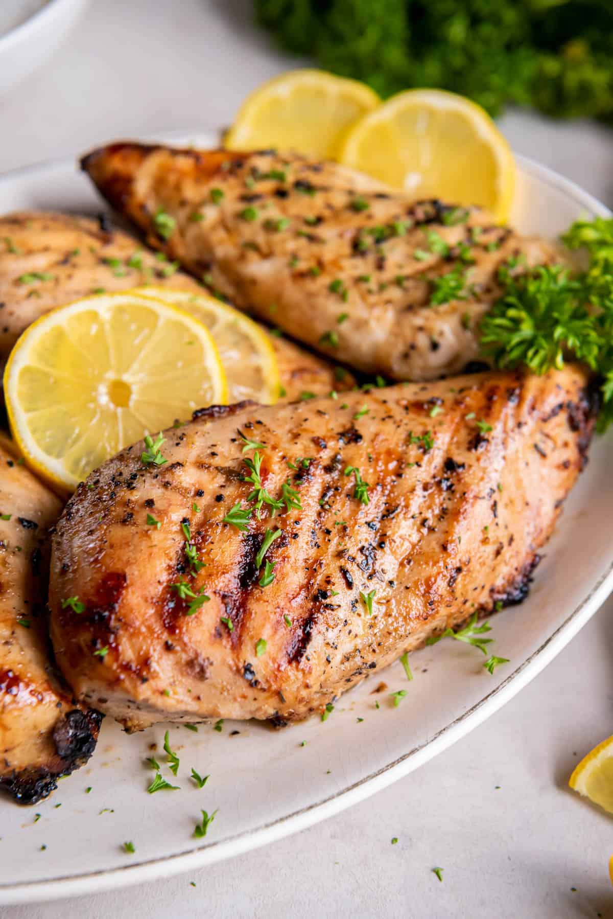 A plate layered with grilled lemon pepper chicken breasts.