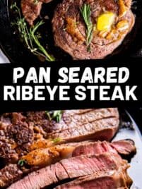 Pin collage of pan seared ribeye steak.