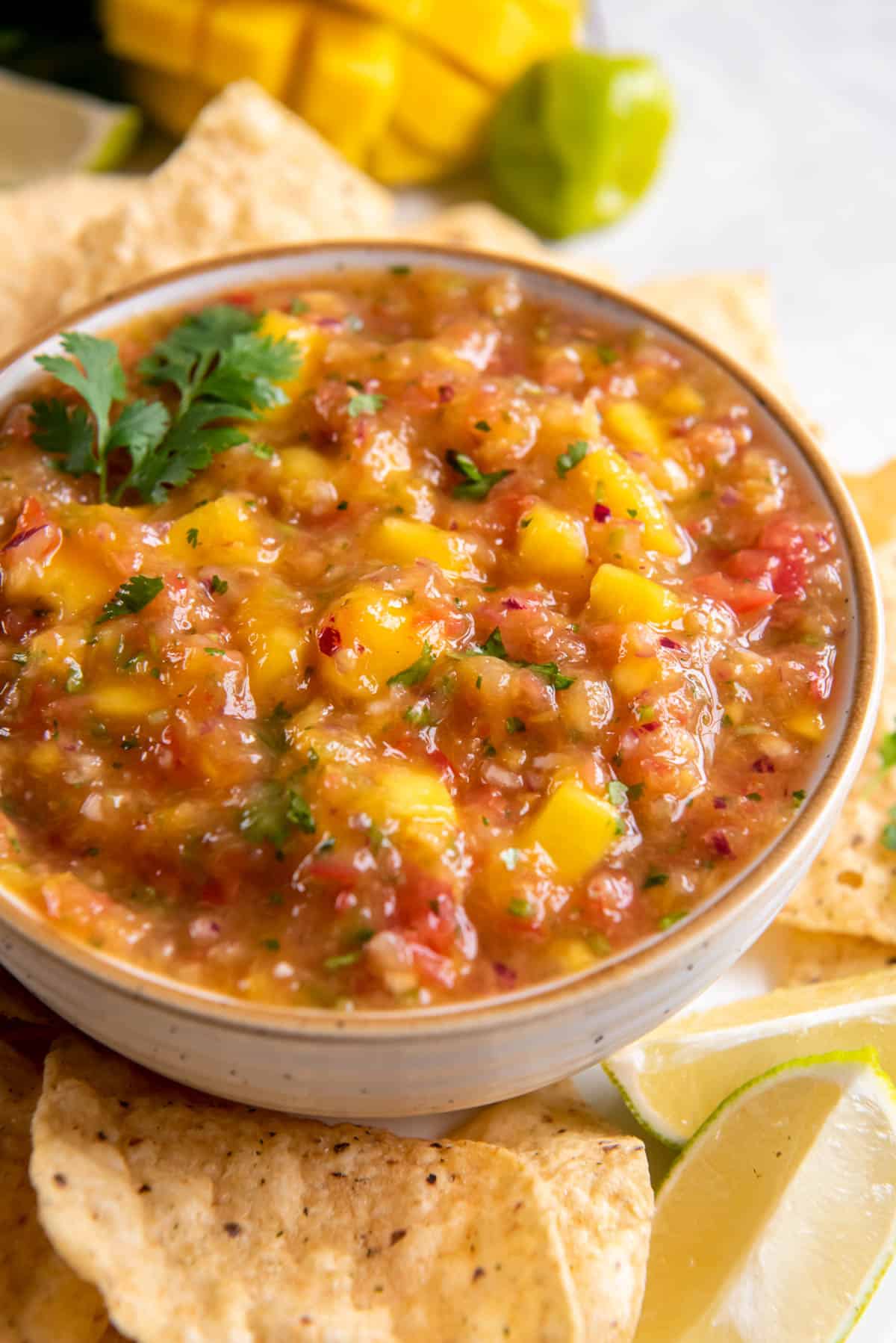 A bowl filled with fresh mango habanero salsa sitting next to tortilla chips.