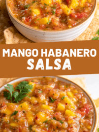 Fresh mango habanero salsa in a bowl with tortilla chips.