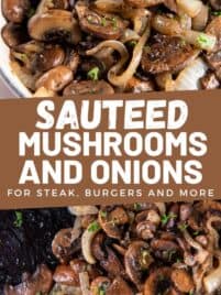 Sauteed mushrooms and onions in a bowl for serving.