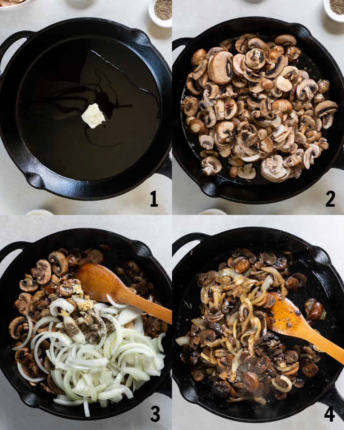 Sauteeing the butter in a skillet before adding the mushrooms, onions and seasonings.