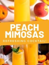 A collage of photos featuring fresh peach mimosas.