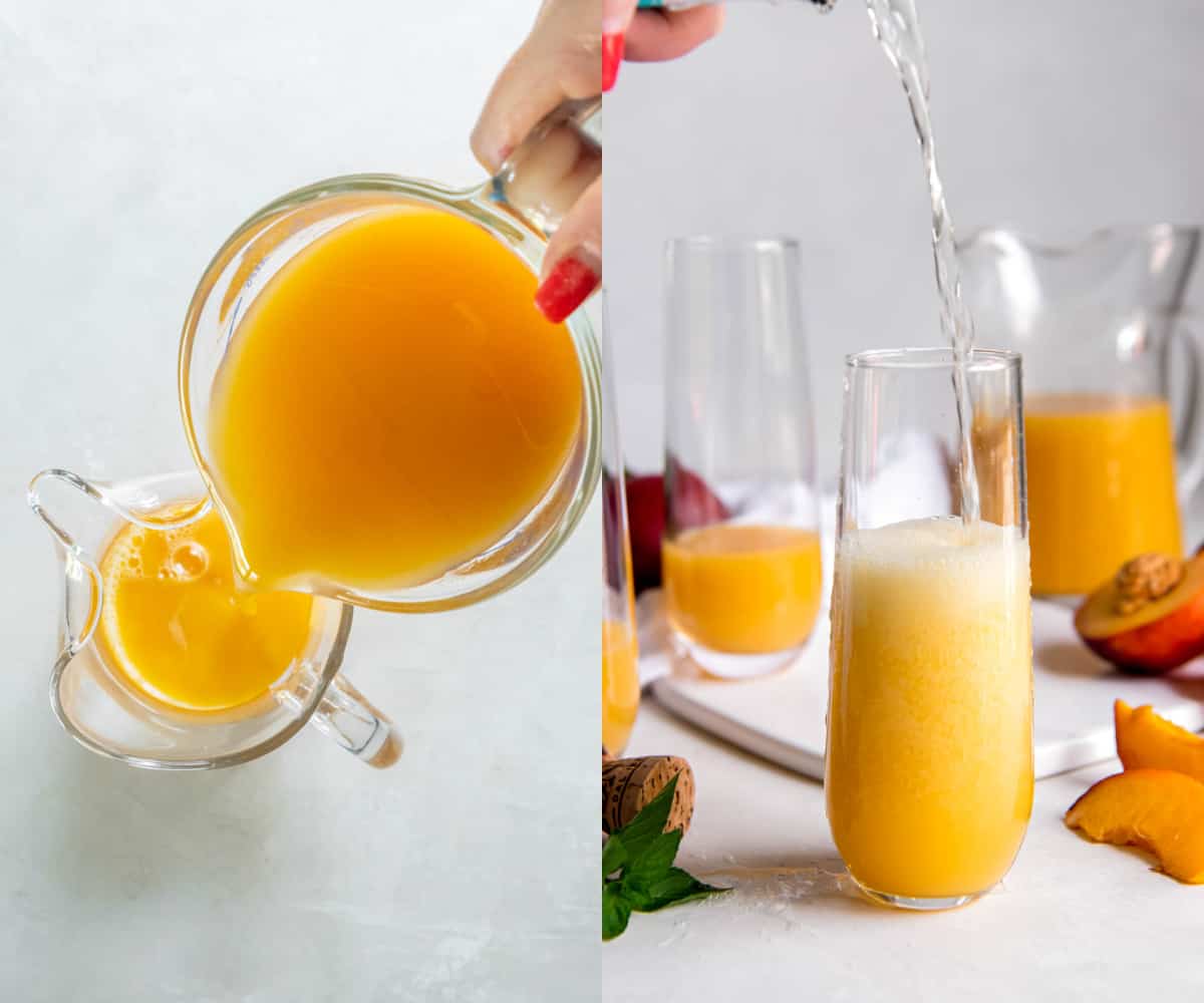 Pouring orange juice and peach nectar for mimosa into a pitcher before pouring into a glass.