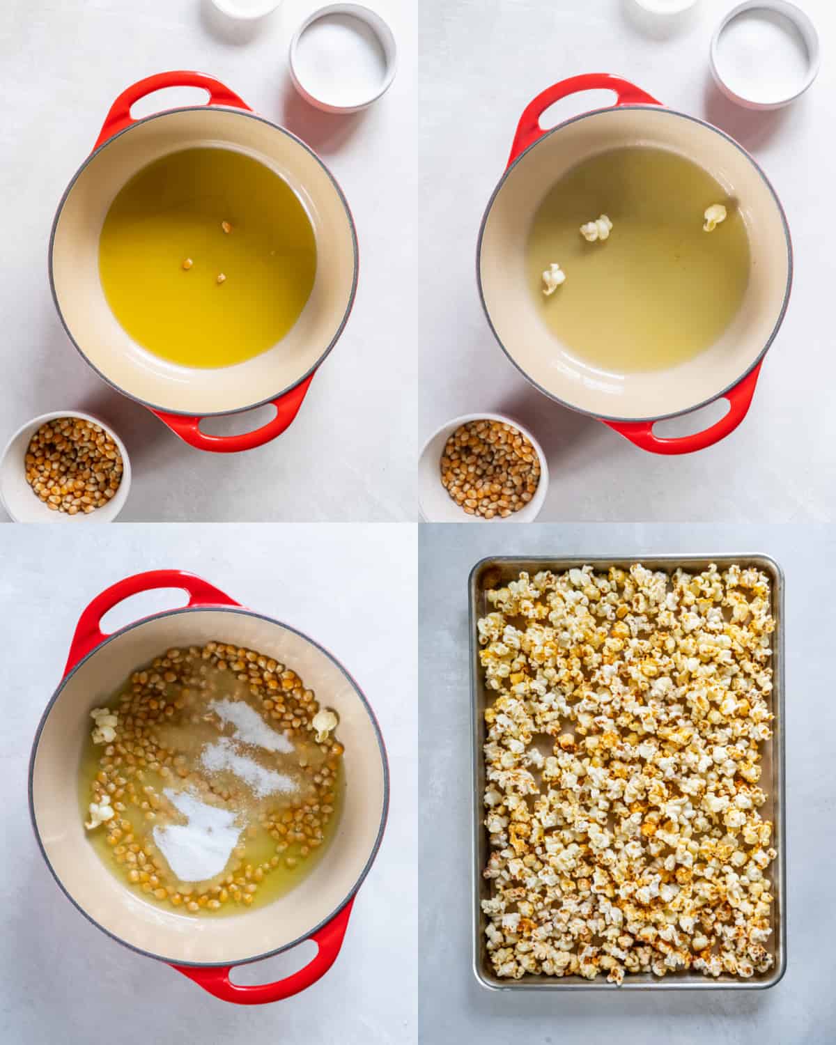 Heating oil in a pan with three popcorn kernels. Then adding the rest of the kernels to the hot pan after the 3 kernels pop.