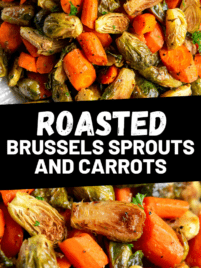 Roasted carrots and brussels sprouts on a sheet pan after roasting.