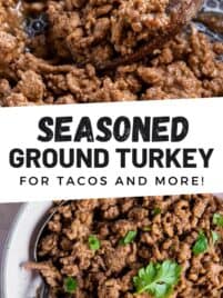 Seasoned ground turkey in a skillet and bowl.