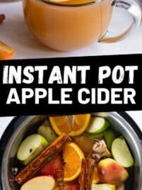 Homemade apple cider in the instant pot and then in a glass mug for serving.