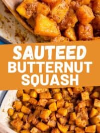 Sauteed butternut squash in a pan with a wooden spoon.
