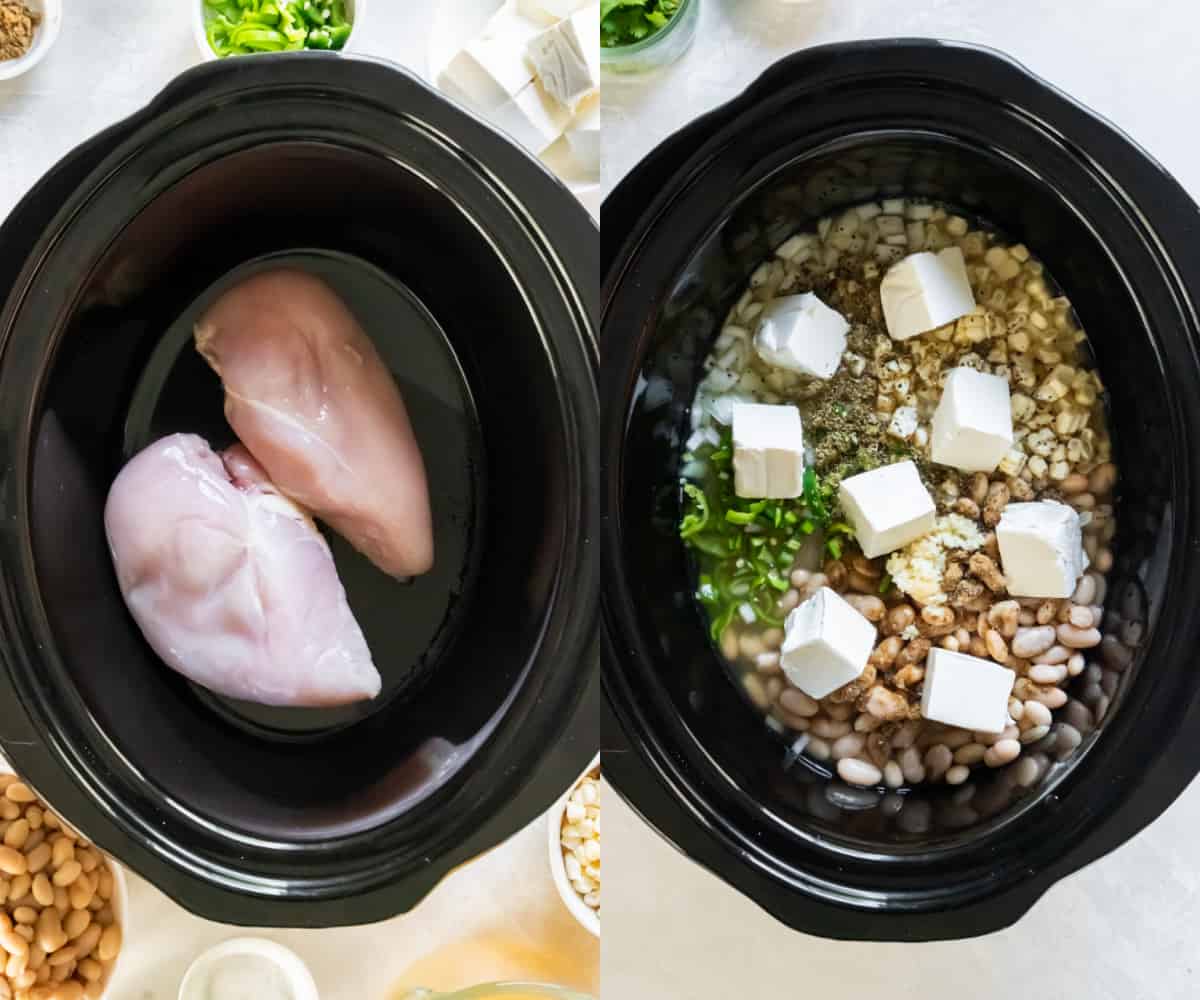 Chicken placed in a crockpot and then topped with chicken broth, beans, corn kernels, onion, jalapeno, garlic, cumin, oregano, salt, pepper and cream cheese.