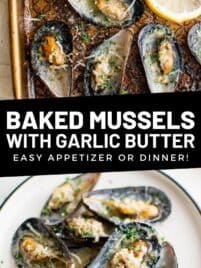 Baked mussels on a sheet pan after baking.