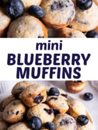 Mini blueberry muffins stacked high on a white serving platter.
