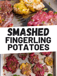A spatula picking up pieces of baked crispy smashed fingerling potatoes.
