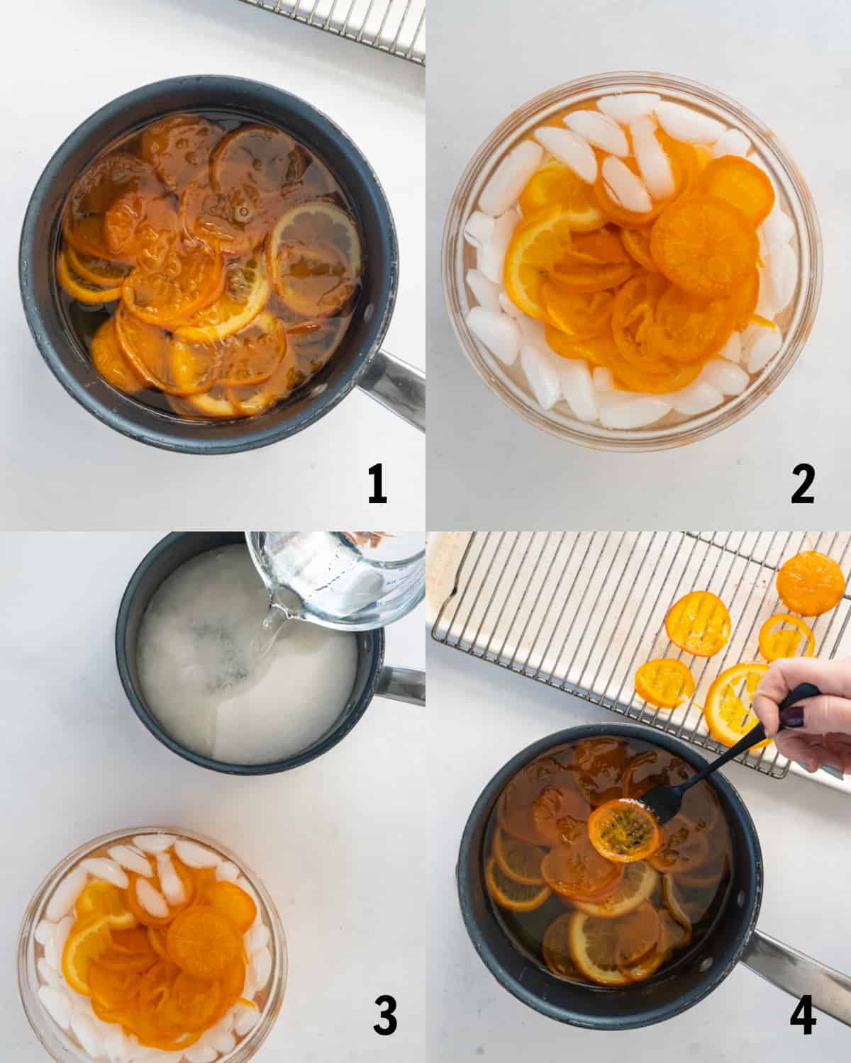 Heating the orange slices in a pan with sugar and water before setting them on a drying rack to cool and dry.