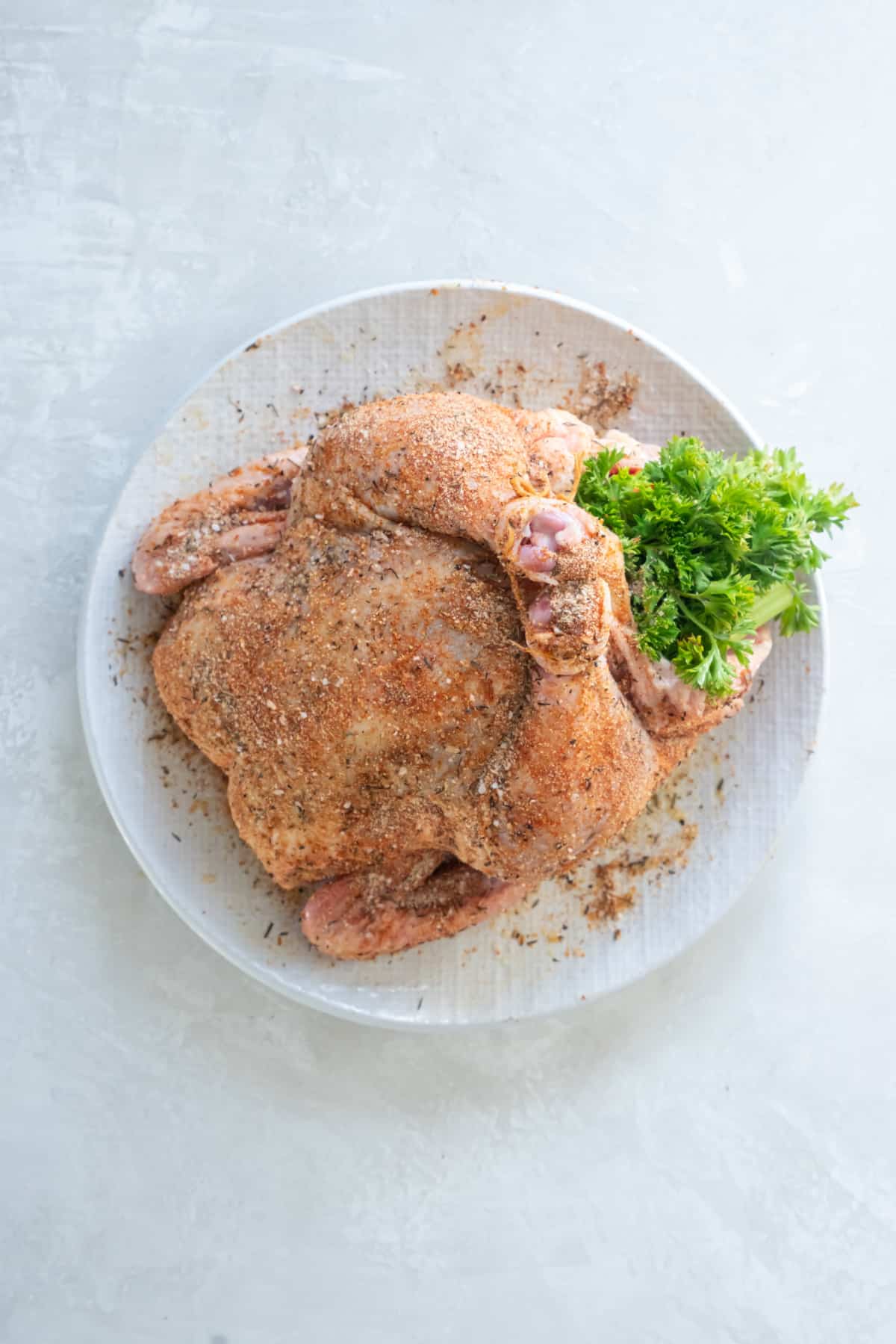 A raw whole chicken with spices rubbed on it sitting on a plate. Fresh parsley is stuffed in the cavity with onion, celery, carrot, lemon and garlic.