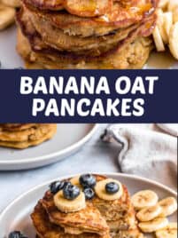Banana Oat Pancakes stacked high on a plate for serving.
