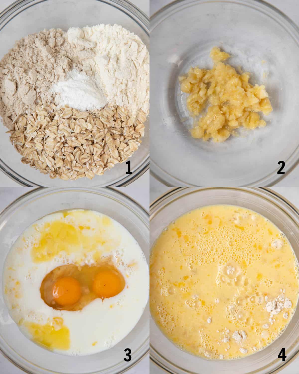 Mixing together the dry ingredients and wet ingredients in a bowl.