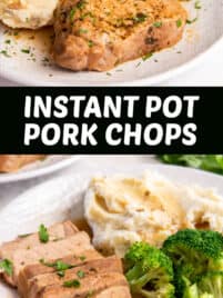Boneless pork chops that were cooked in an instant pot served on a white plate with cooked broccoli and mashed potatoes.
