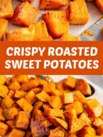 Crispy roasted sweet potatoes served on a sheet pan and in a bowl.