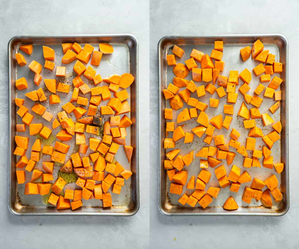 The raw sweet potatoes on a pan with the olive oil, salt and pepper drizzled on top before tossing and baking.