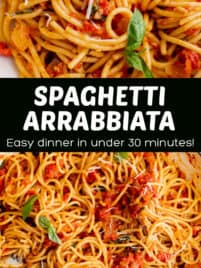 Cooked spaghetti arrabiata in a bowl for serving.