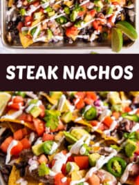 Cooked steak nachos with toppings like tomatoes, avocado and jalapenos on a sheet pan.