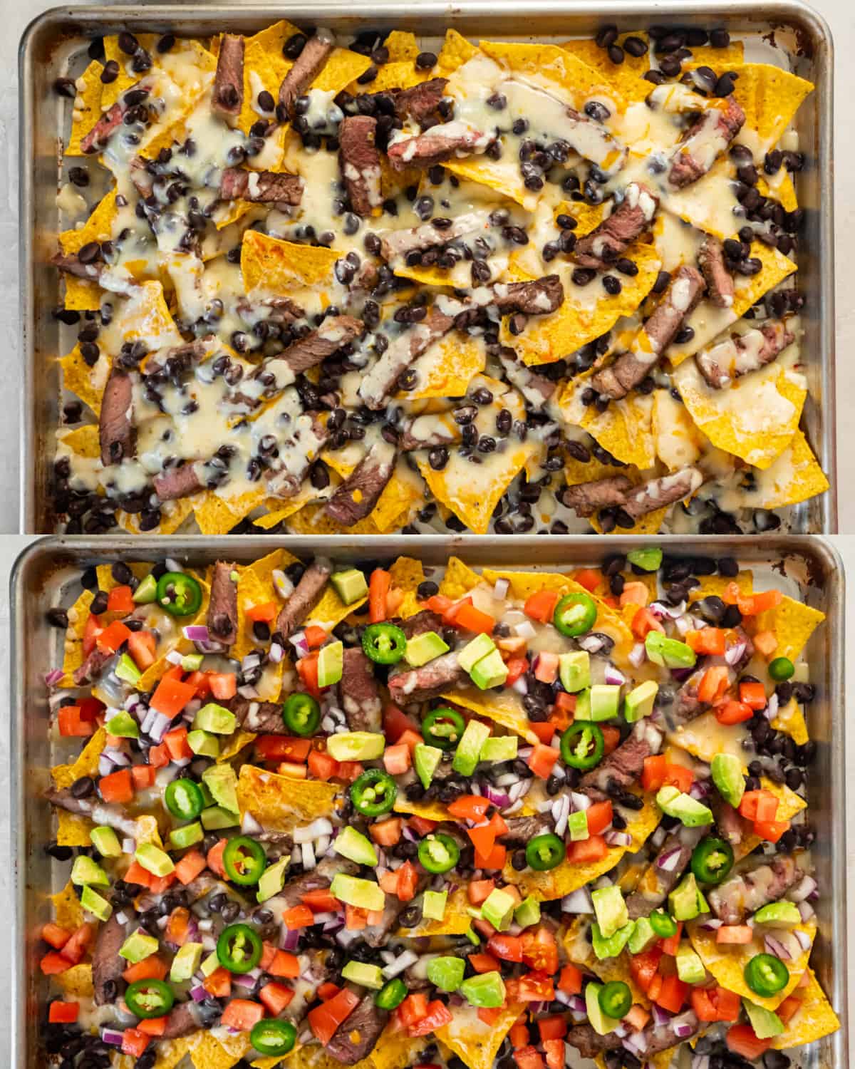 Layering the tortilla chips on a sheet pan with melted cheese, black beans and other ingredients on top.
