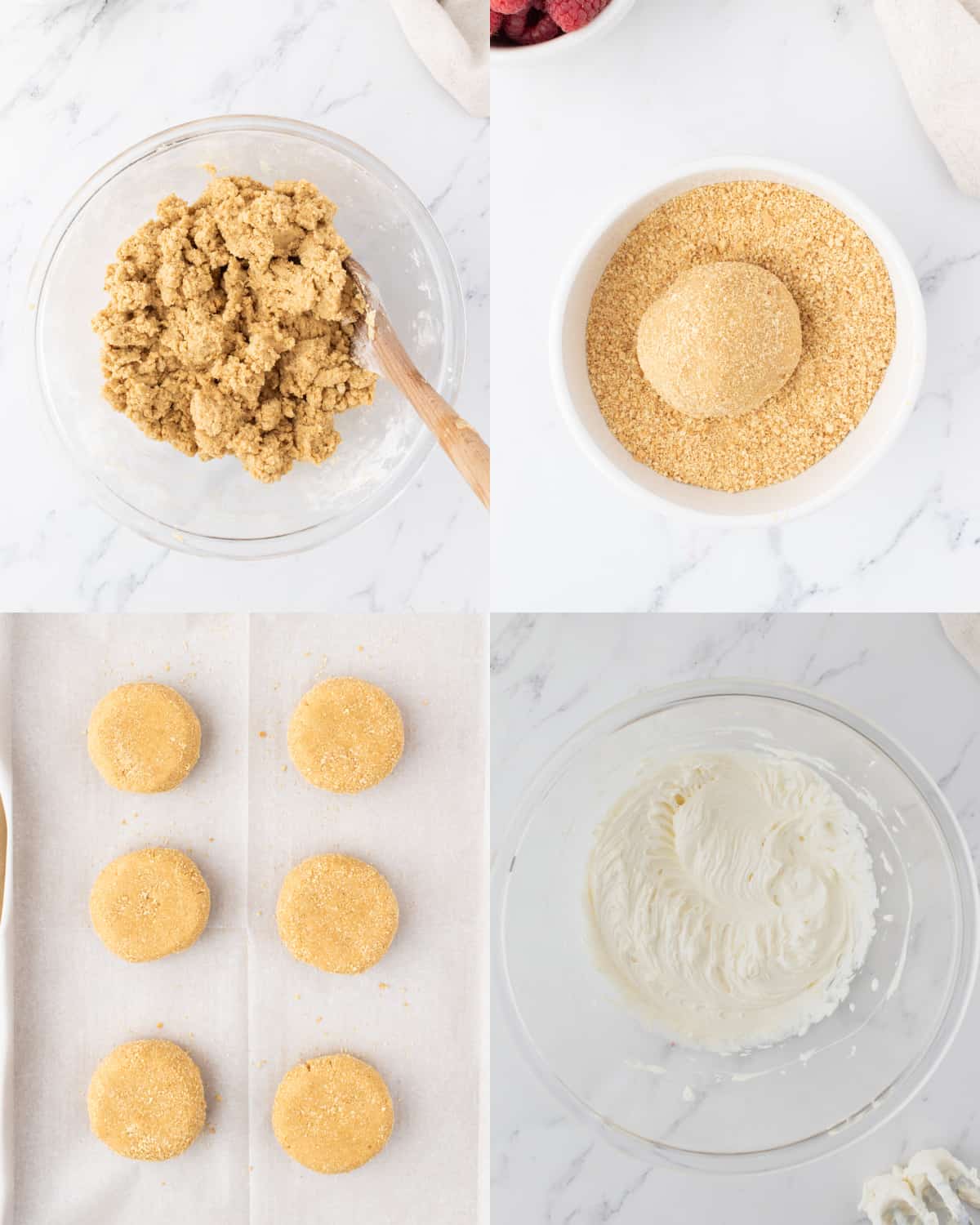 Mixing together the dough for the cookies in a bowl, then rolling each dough ball in graham cracker crumbs before placing on a baking sheet to bake in the oven.