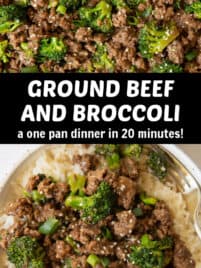 A collage with a close up photo of cooked ground beef and broccoli in a skillet with sesame seeds and sliced green onions on top.