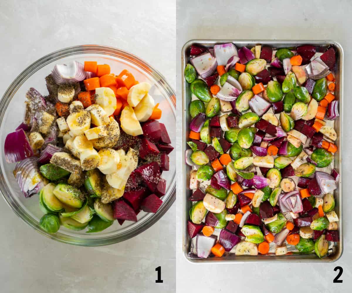 Mixing together all of the ingredients in a bowl before spreading on a sheet pan for baking.