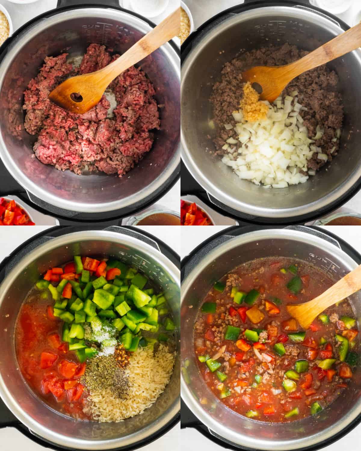 Cooking the ground beef and onions on saute mode in the Instant pot before adding the remaining ingredients and pressure cooking.