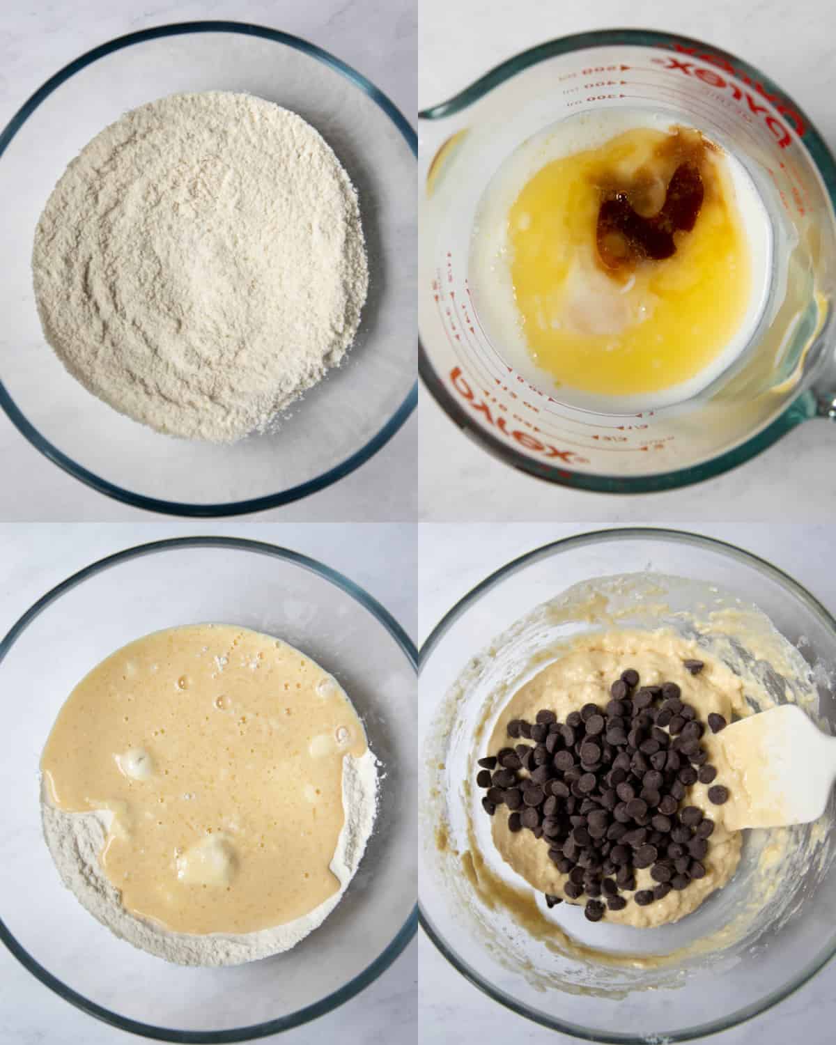 Mixing the ingredients for the pancake bites together in one bowl and then mixing in the chocolate chips with a spatula.