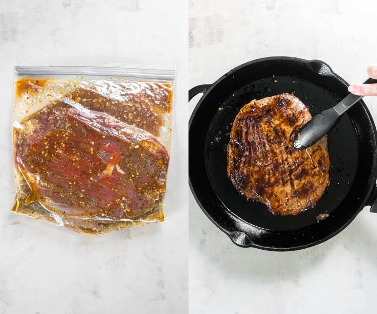A flank steak marinates in a zipped top bag before cooking in a cast iron pan.