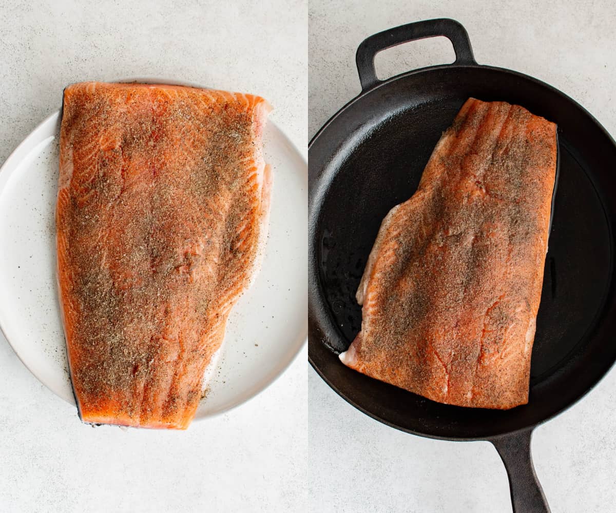 On the left is a salmon filet sitting on a white plate with seasonings on top. On the right is a salmon filet with seasonings sitting in a cast iron skillet for cooking. 