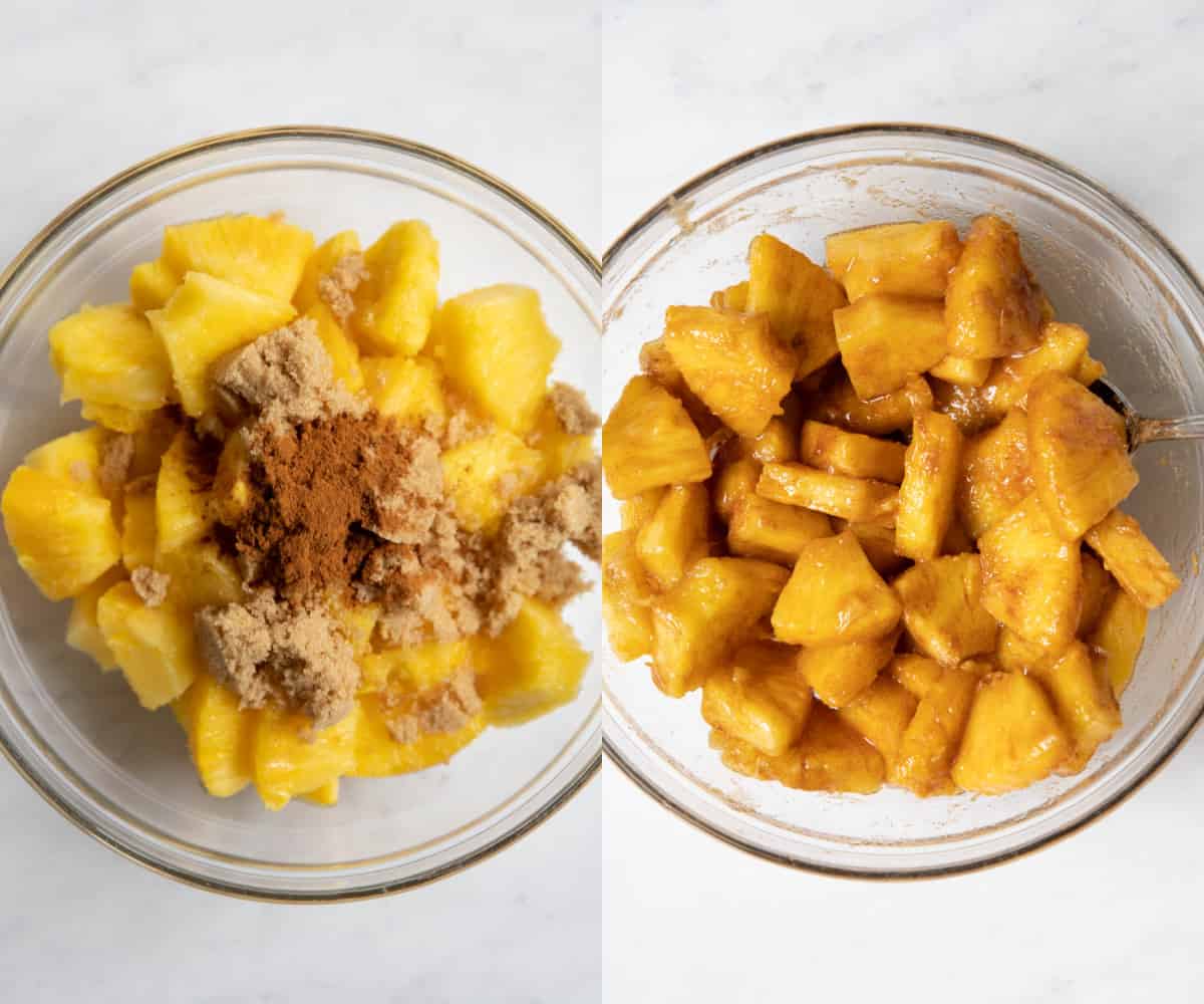 Pineapple in a bowl with the brown sugar and cinnamon before and after mixing together.