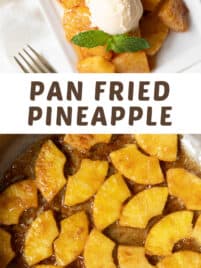 pan fried pineapple in a skillet and on a white serving plate for serving.