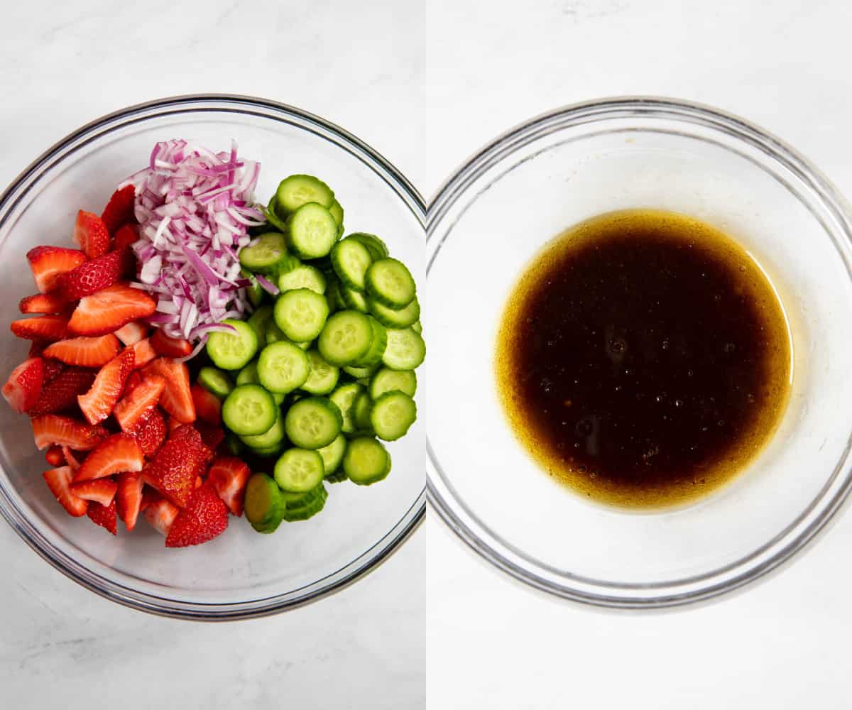 Cucumbers, strawberries and diced onions in a large bowl with a bowl of the dressing off to the side.