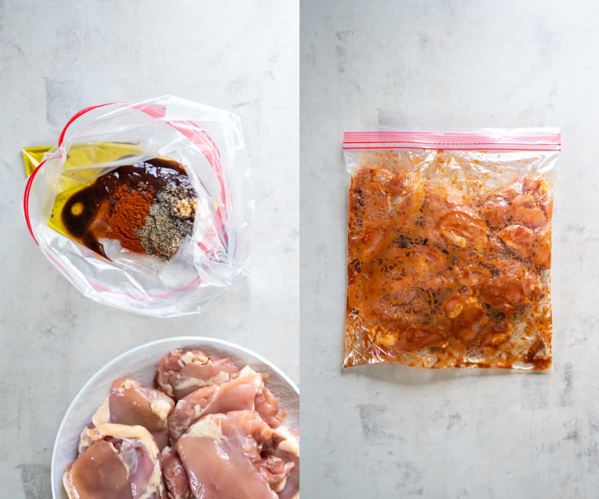 Combining the bbq chicken marinade in a plastic zipped top bag then adding the chicken thighs before marinating for 30 minutes.