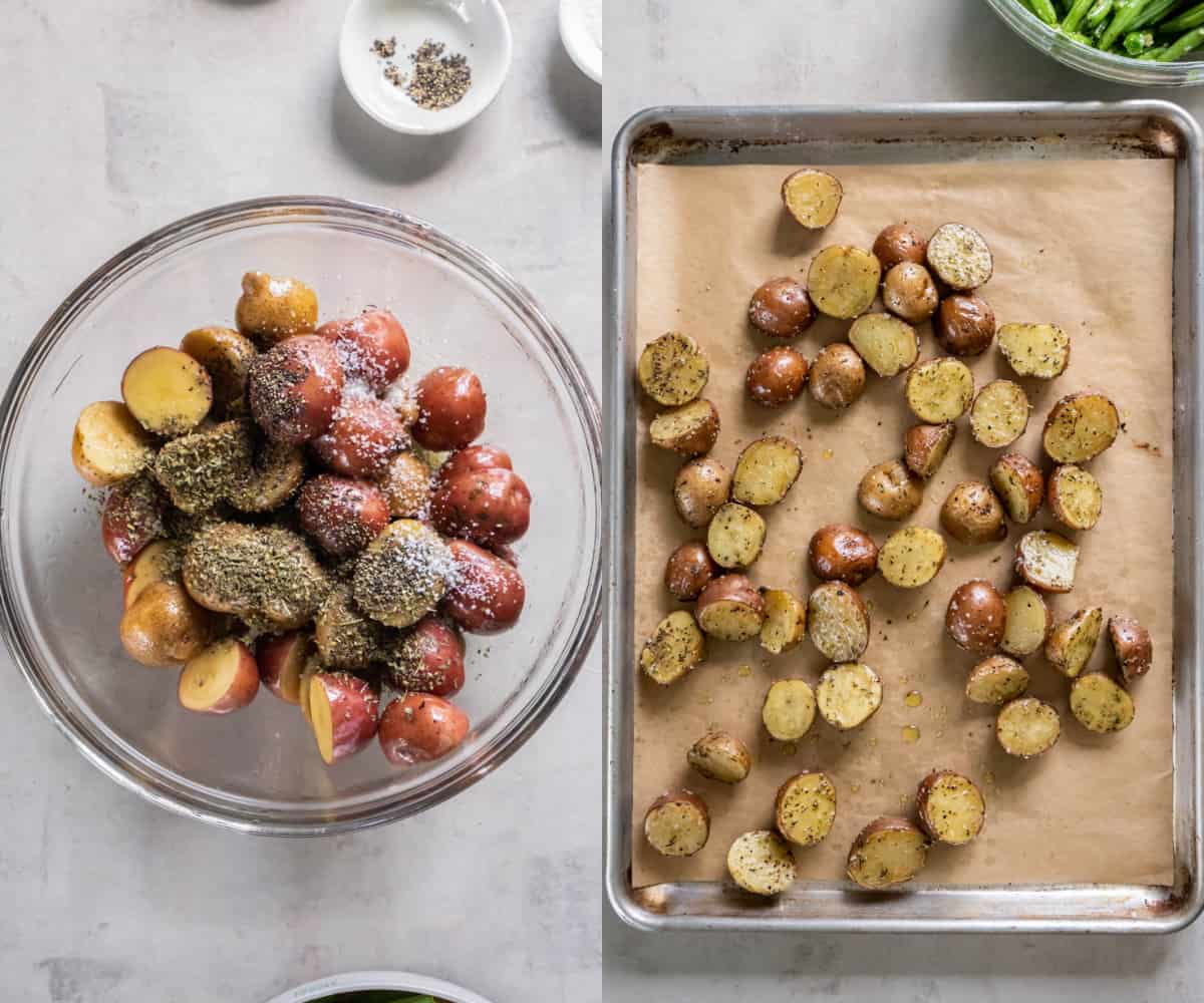 Potatoes mixed in a bowl with olive oil, black pepper, salt and Italian seasoning then spread on a baking sheet for roasting.